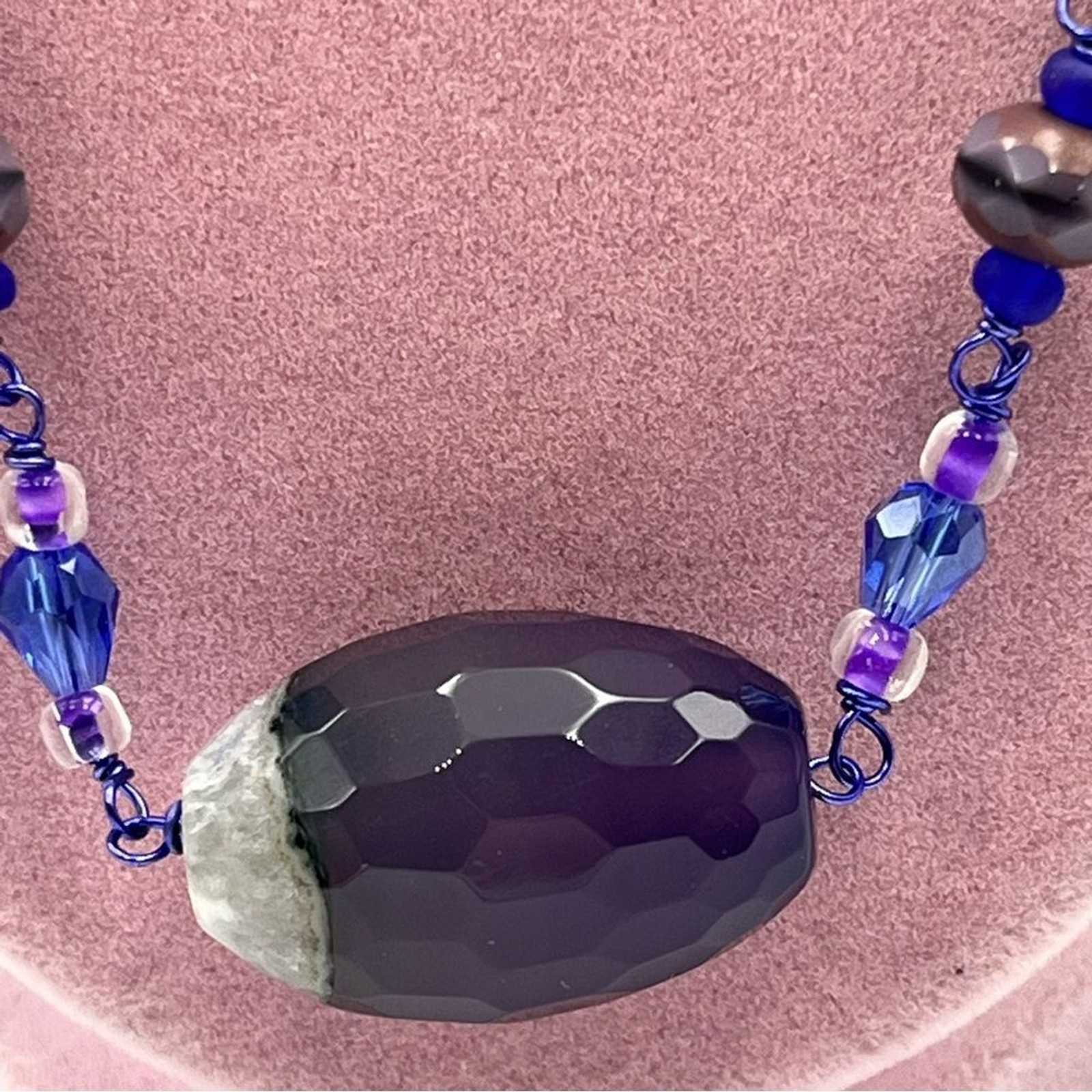 Handmade agate beaded large statement Elegant Purple and Blue Beaded Necklace
