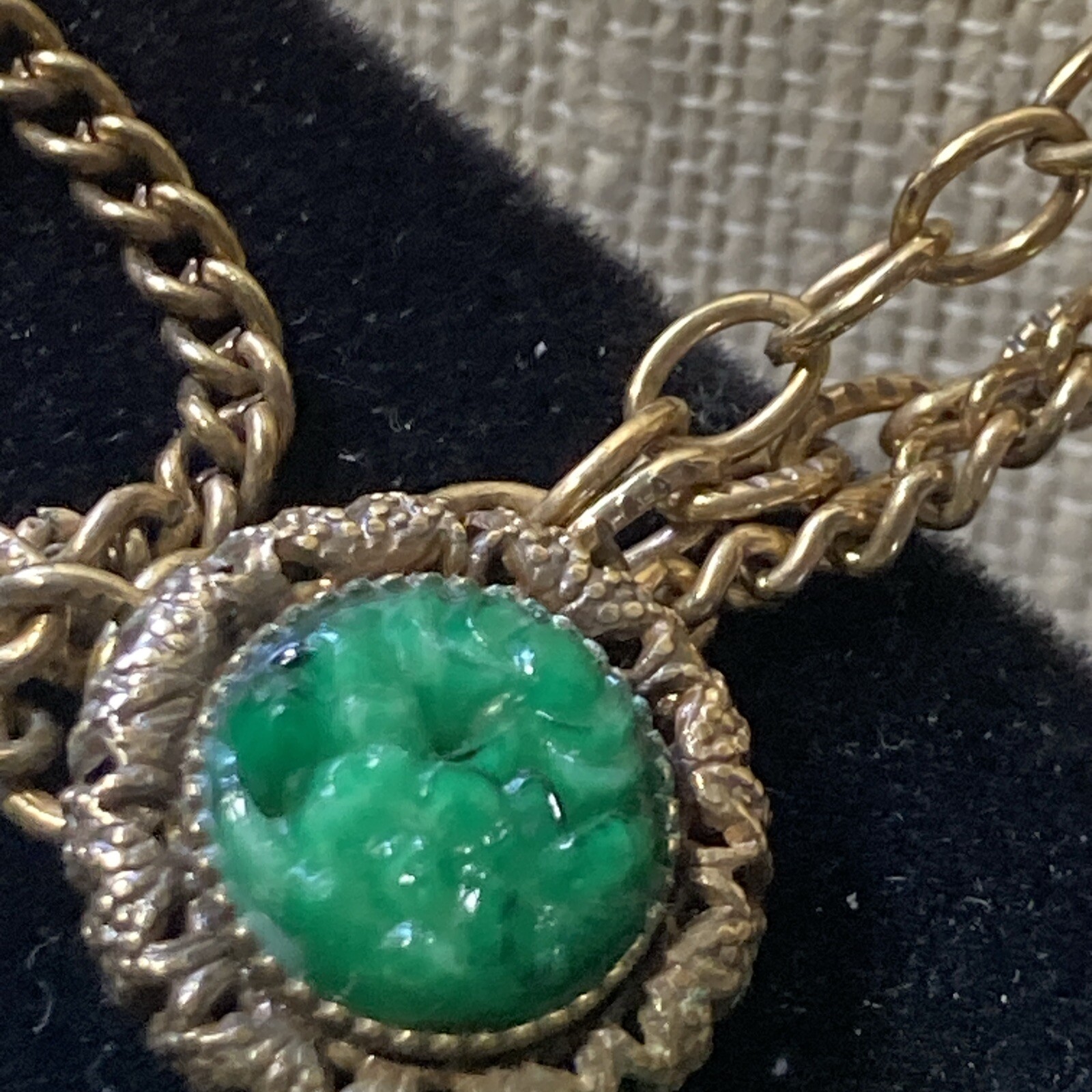 vtgAntq 3 Strand chains Art Deco 2 pendant Faux Jade molded Glass elegant detail