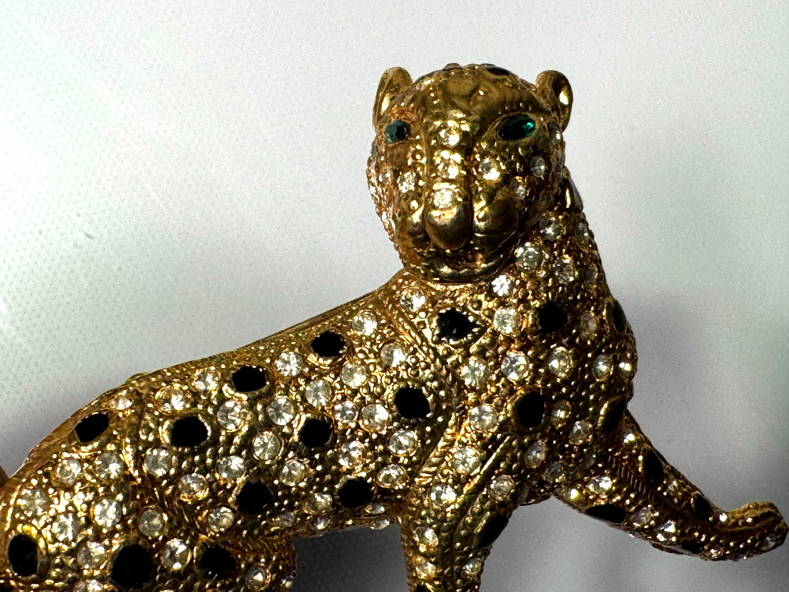 LARGE PANTHER BROOCH PIN GOLD TONE RHINESTONES BIG CAT BLUETTE FRANCE STYLE 4″