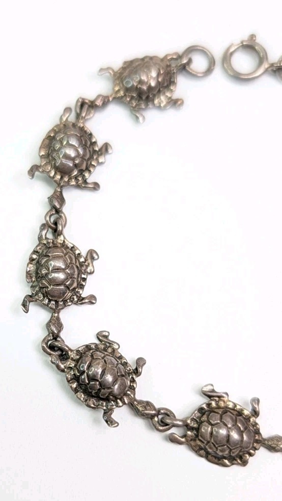 Turtles In A Row Bracelet Sterling Silver 7.75″ Turtle Link Tortoise Gift 11gram