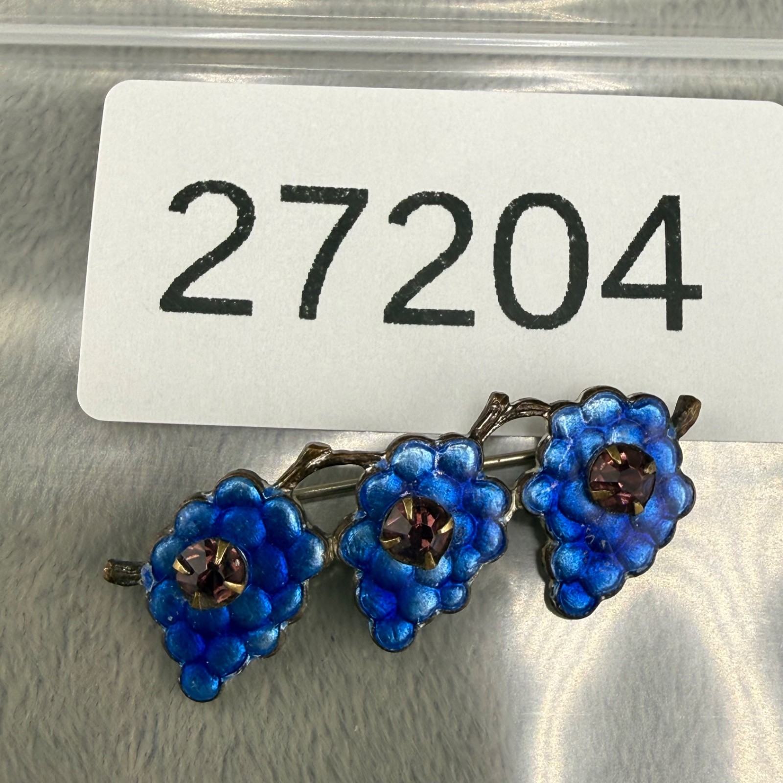 Vintage Enamel Rhinestone Brooch Silver Tone Grapes