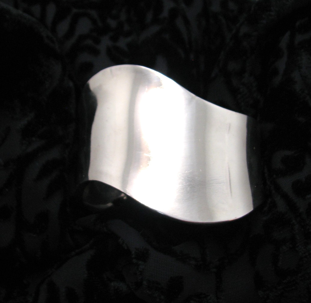 Vintage Hand Forged Polished Silver Tone Wave Cuff Bracelet Large