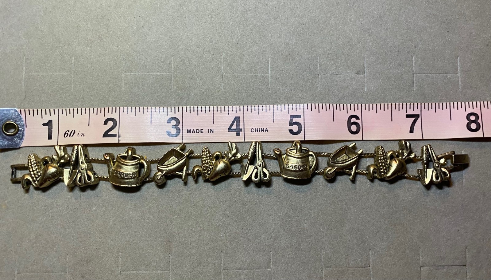 Charm Bracelet Gardener Veggie Lovers Gold Tone Double Strand Slider Vintage