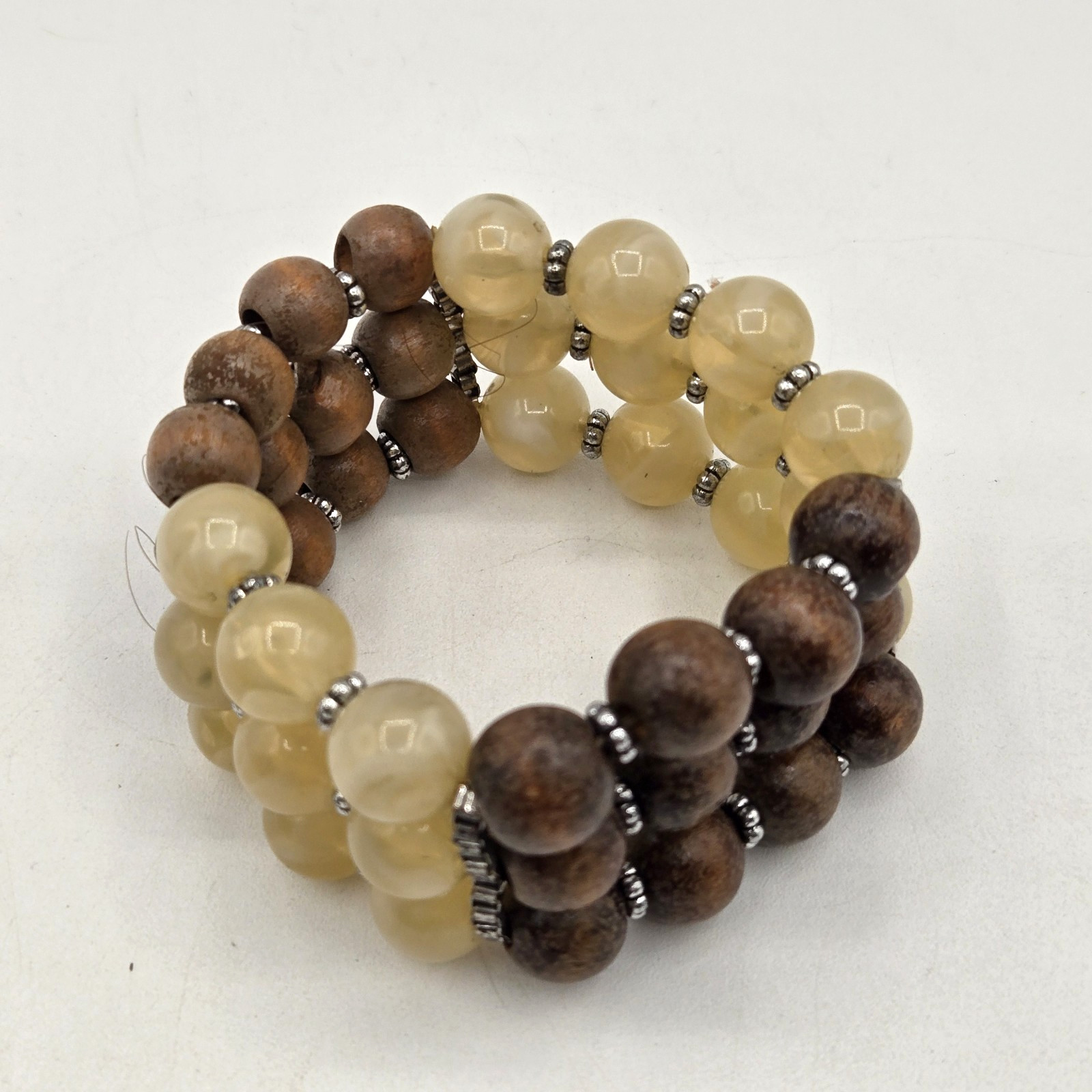 VTG Three Strand Wood and Lucite Beaded Stretch Bracelet Silver Accents