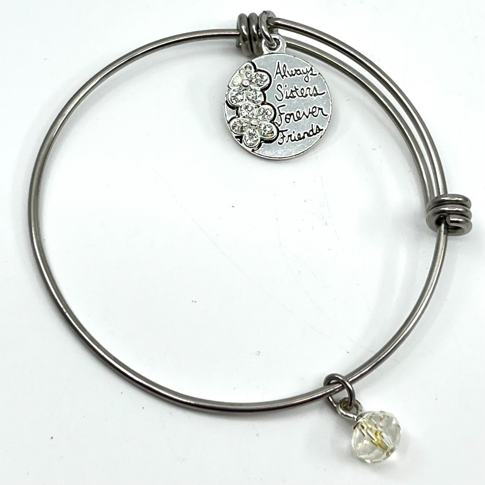 VTG Inspirational Sisters Forever Bangle Bracelet Silver Tone Crystal Charm Y2K