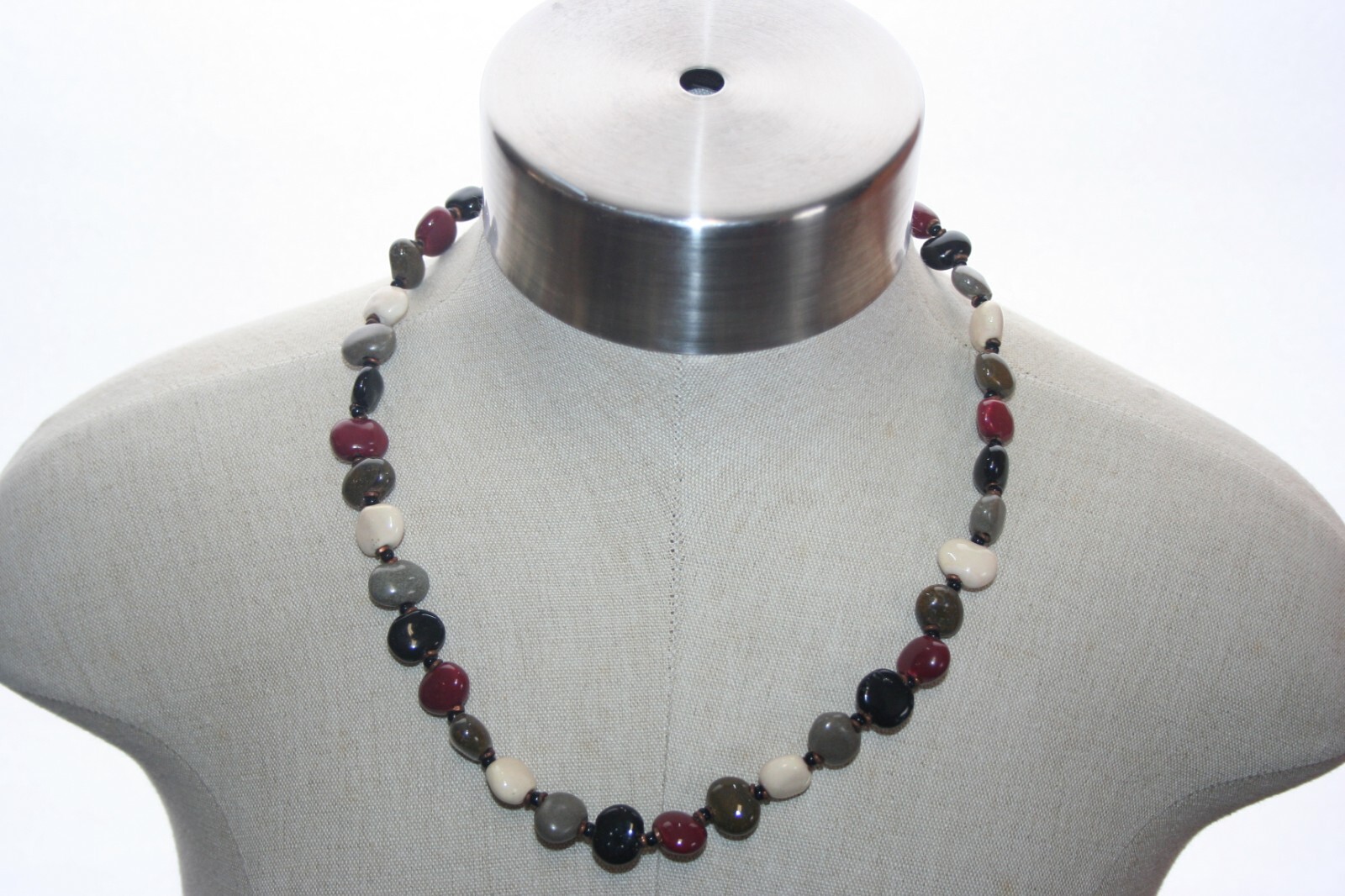 Matinee Length Necklace Polished Multicolored Semi-Precious Stone Copper Spacers