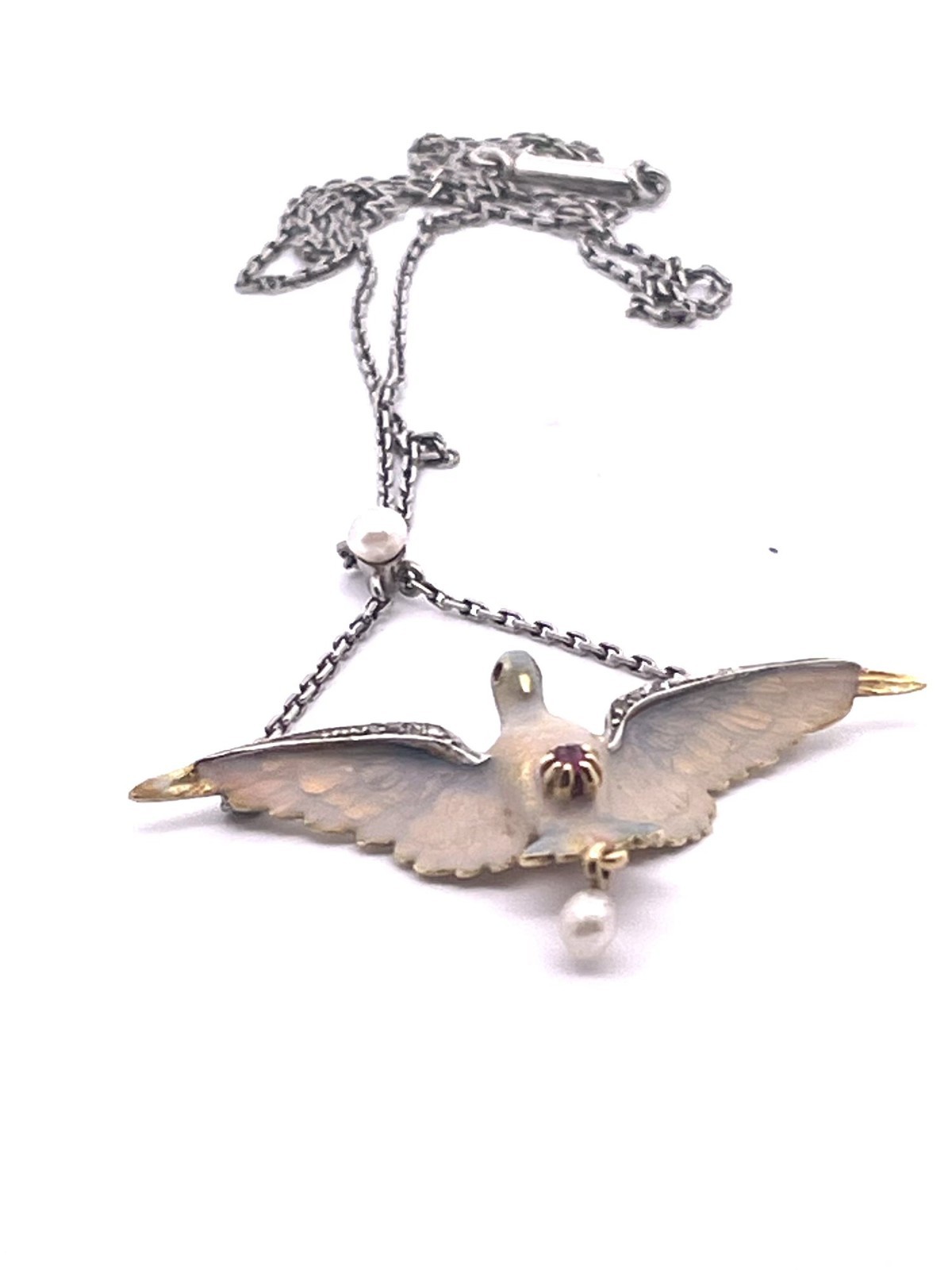 18K Enamel Dove on a Platinum Chain 17″ long