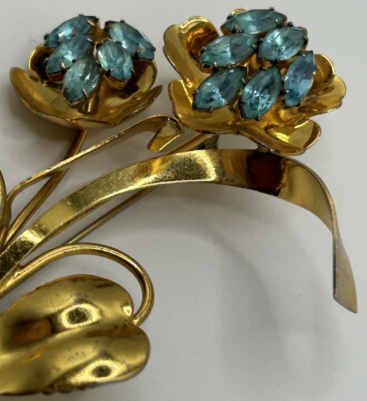 Huge Vintage Gold Tone Coro Brooch Aqua Blue Marked Sterling 1940’s
