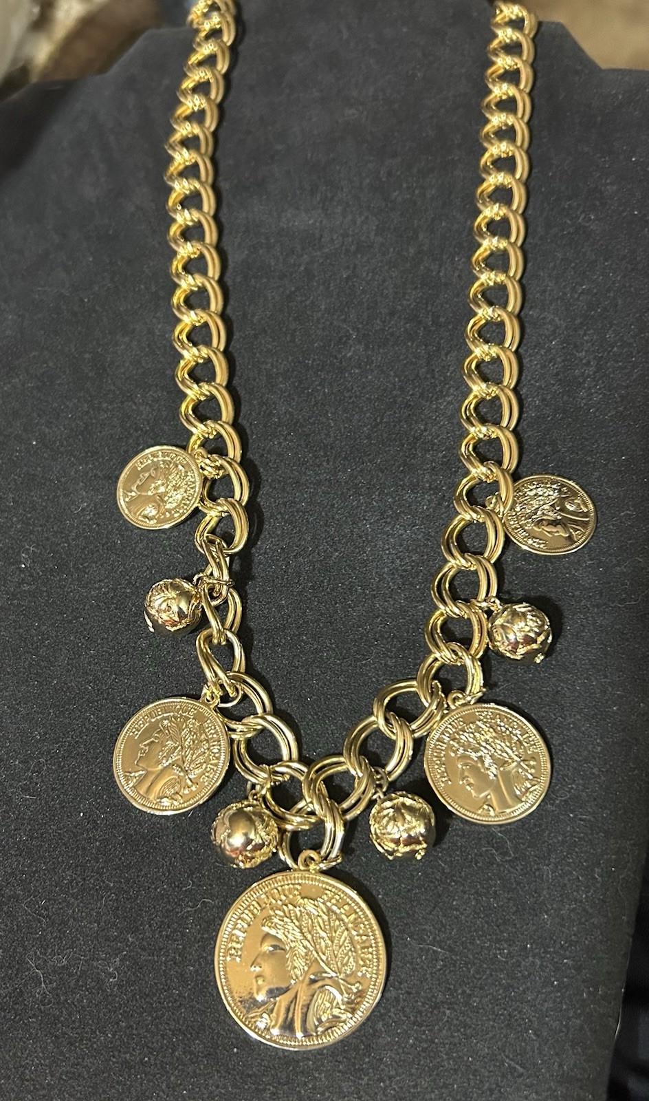 Vintage Coin Charm ￼Necklace Alexander The Great Double Link Curb Chain 24″