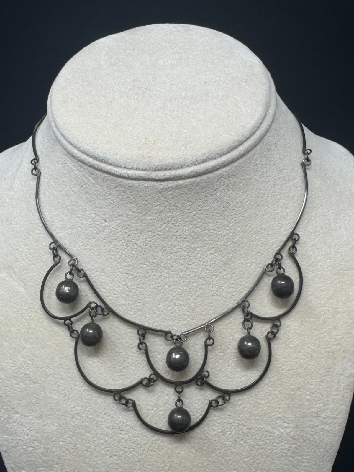 Vintage Taxco Sterling Silver Bib Dangle Ball Mexican Festoon Necklace