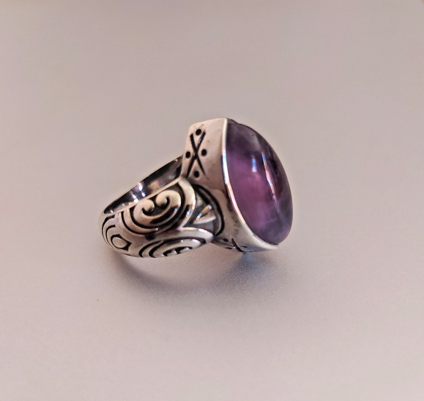 Ancient Vintage Victorian Sterling Silver Ring Natural Amethyst Stone Size 8