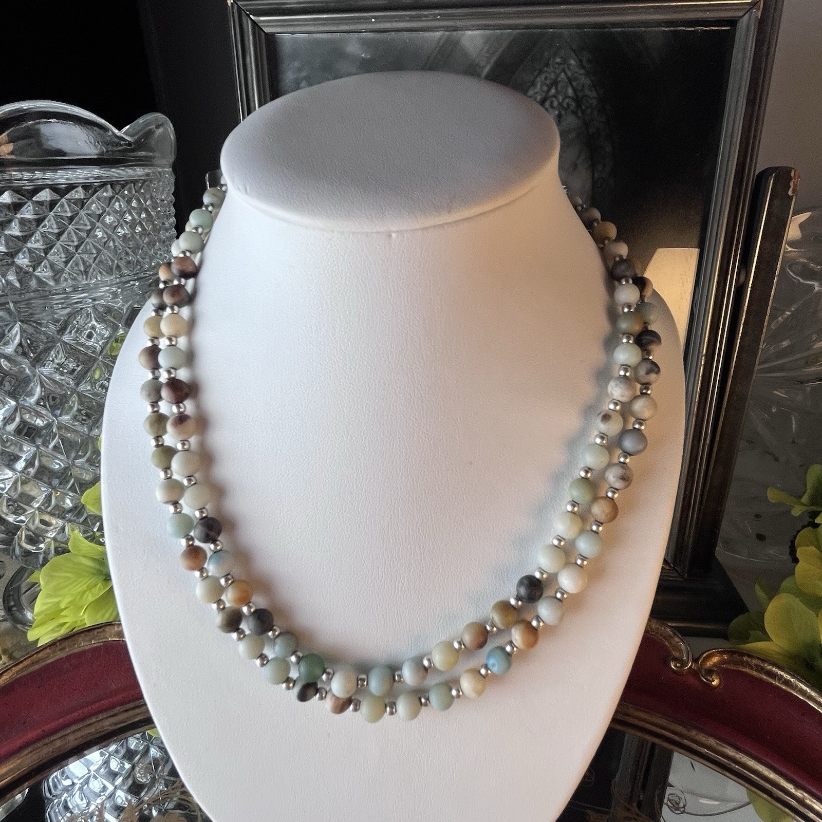 34” Multicolor Jadeite Tested Bead Necklace – Natural Stone -Silver Tone Spacers
