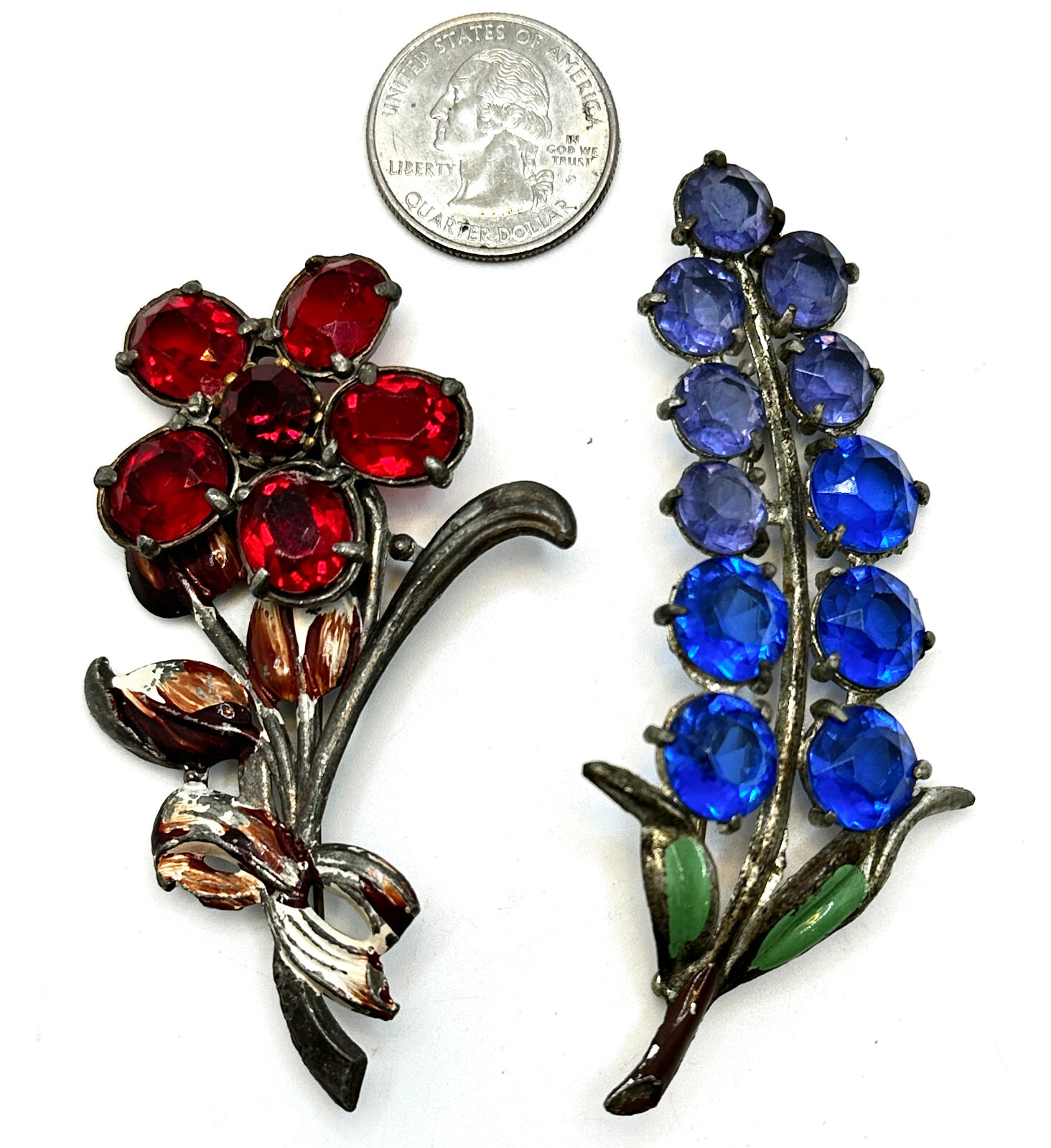 Lot 2 RARE Vtg 1930S 1940S CORO Unsigned Rhinestone Floral Enamel Brooches