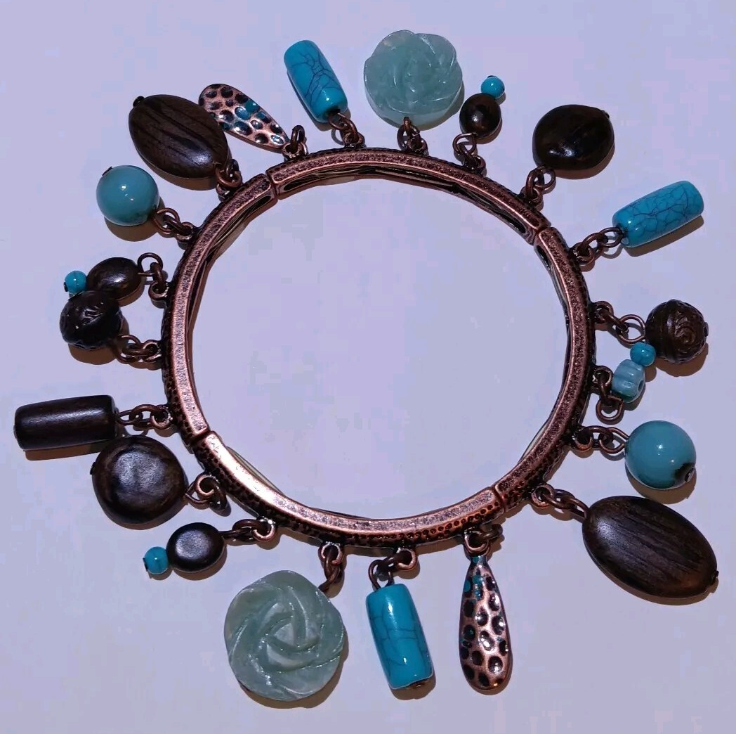 VTG Strechable Bracelet Gold Tone W/wood And Turquois Beads 1960s Dangling