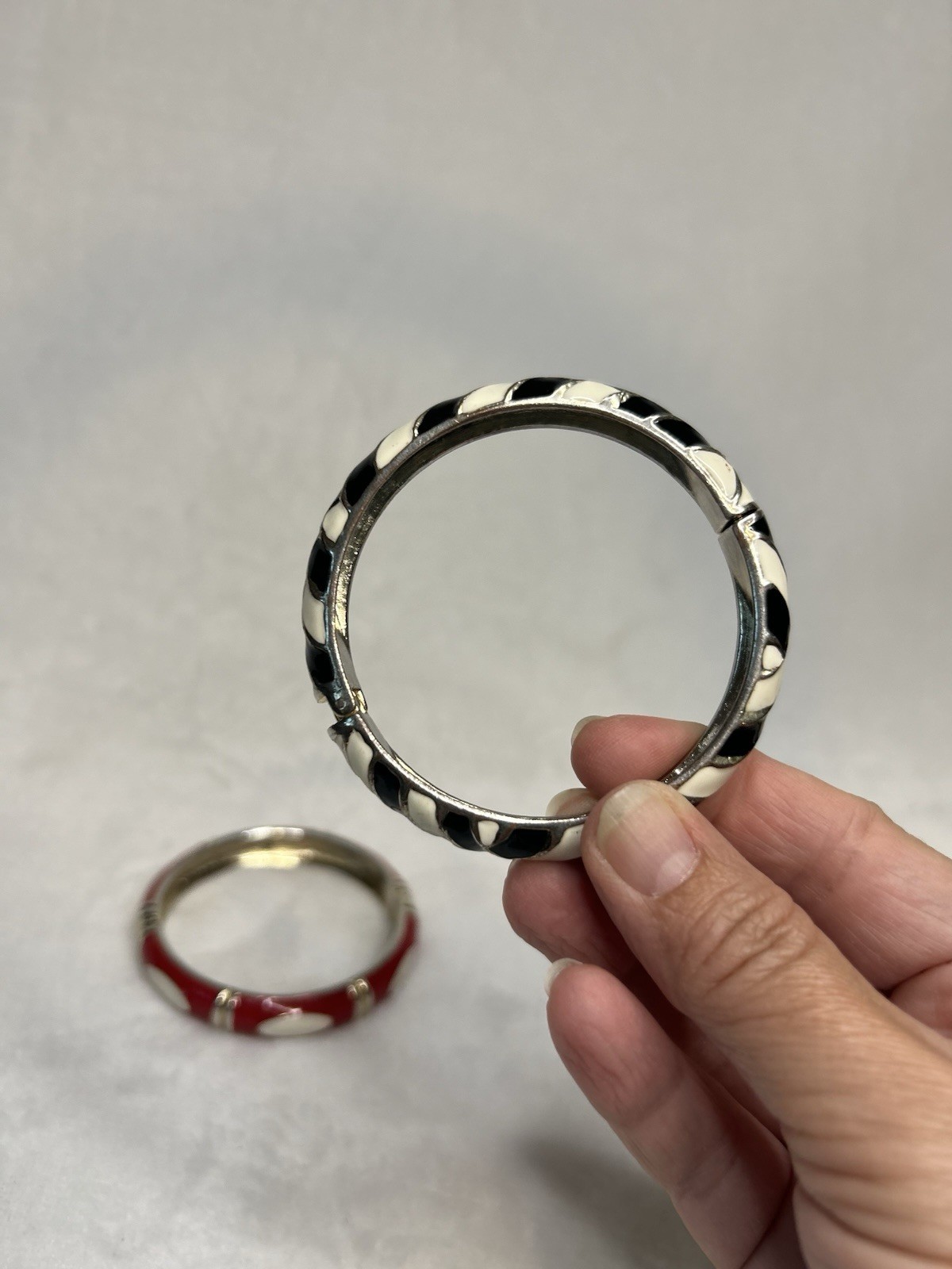 Vintage Enamel Bangle Bracelet Set Of 2, Hinged Gold Tone Red White Black