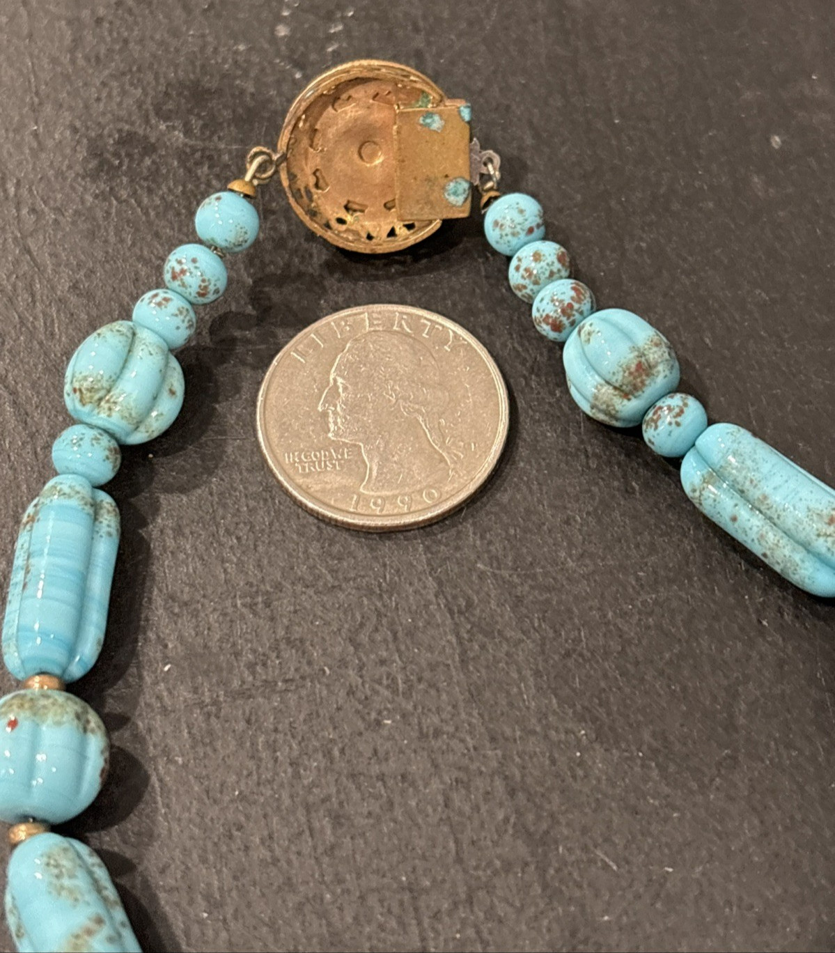 Antique Faux Turquoise Slag Glass Bead Beaded 16 1/2″ Necklace Textured Beads