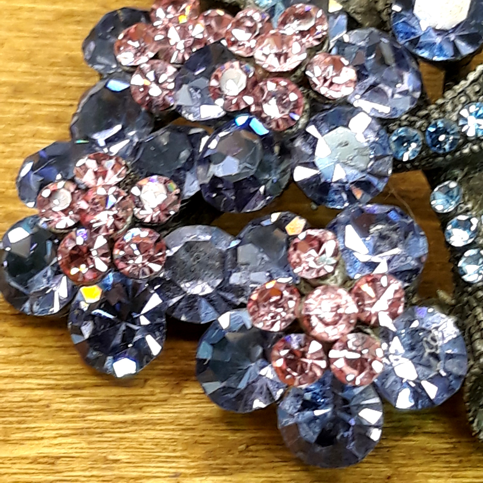 Vintage Pink & Blue Rhinestone Floral Bouquet Gunmetal Brooch 2.5″