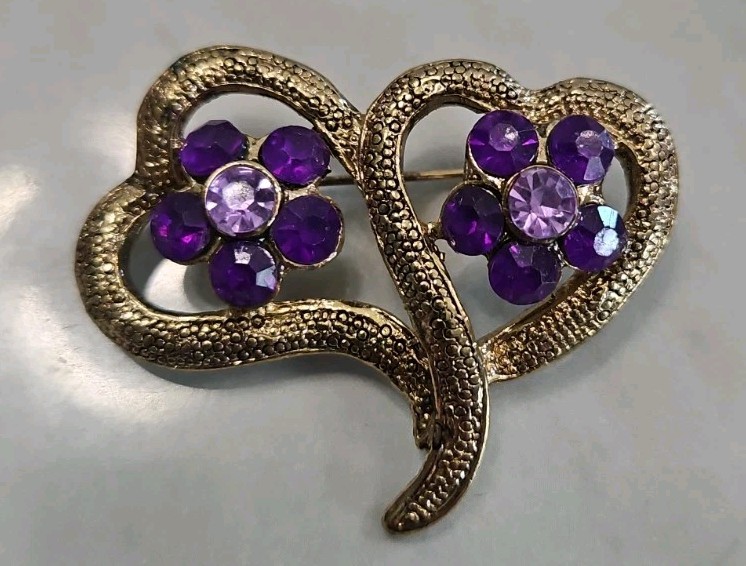 Double Heart Flower Brooch Pin Vintage Victorian Revival Nature Floral Jewelry