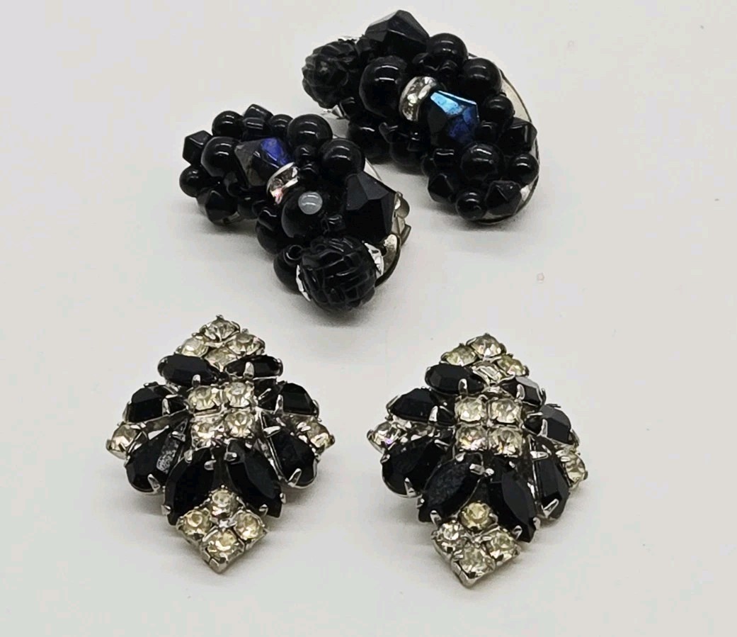 Art Deco Clip on Earrings Lot Set of 2 Black with White Crystal Silver Tone Vtg