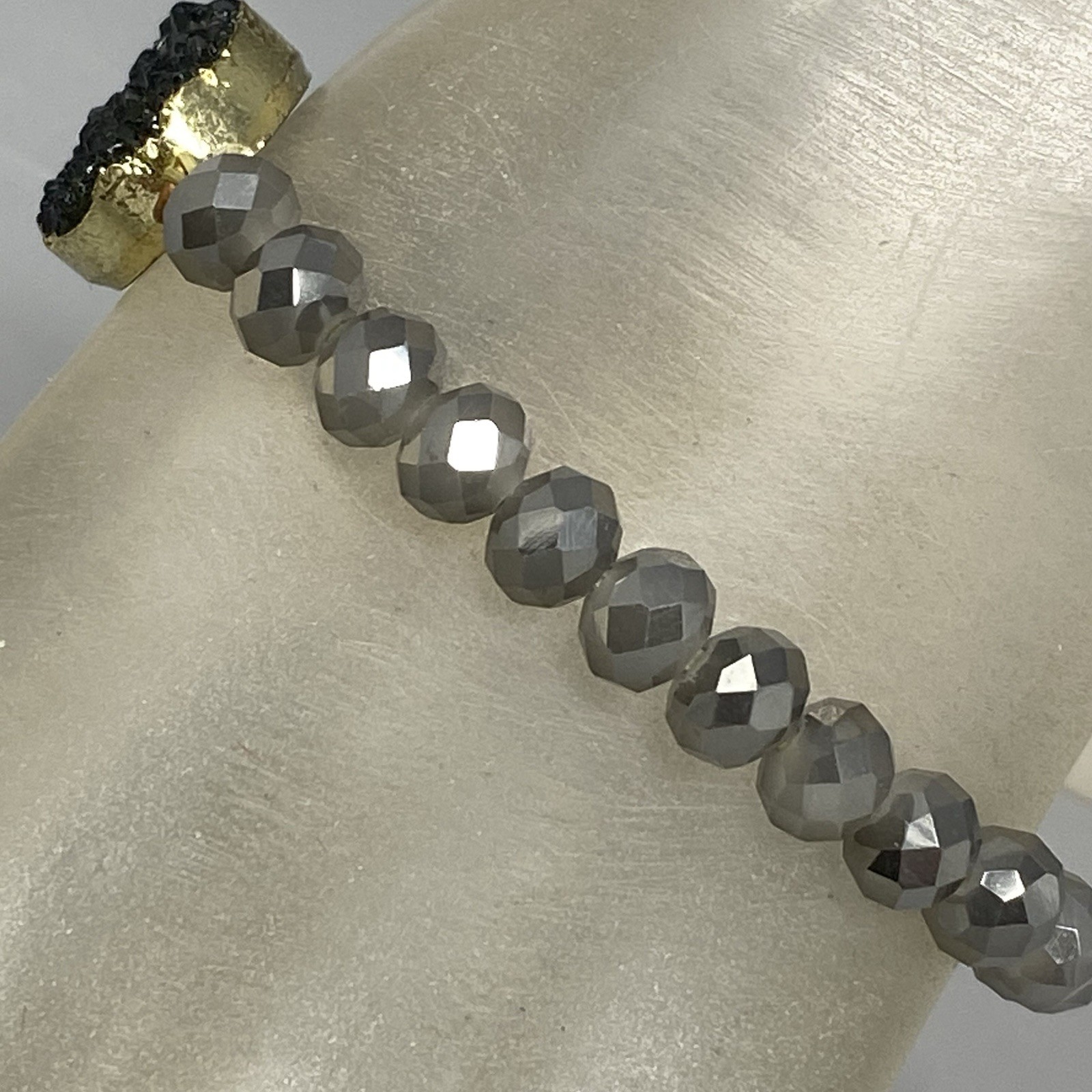 Black Druzy Stone Bracelet Gray Metallic Iridescent Fire Polish Faceted Stretch