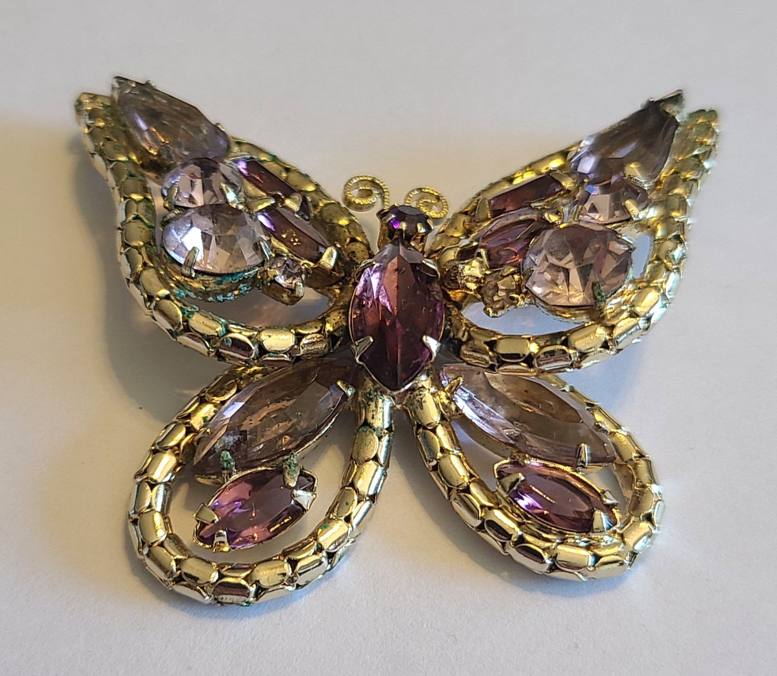 Vintage Gold Tone With Purple Rinestones Butterfly Brooch