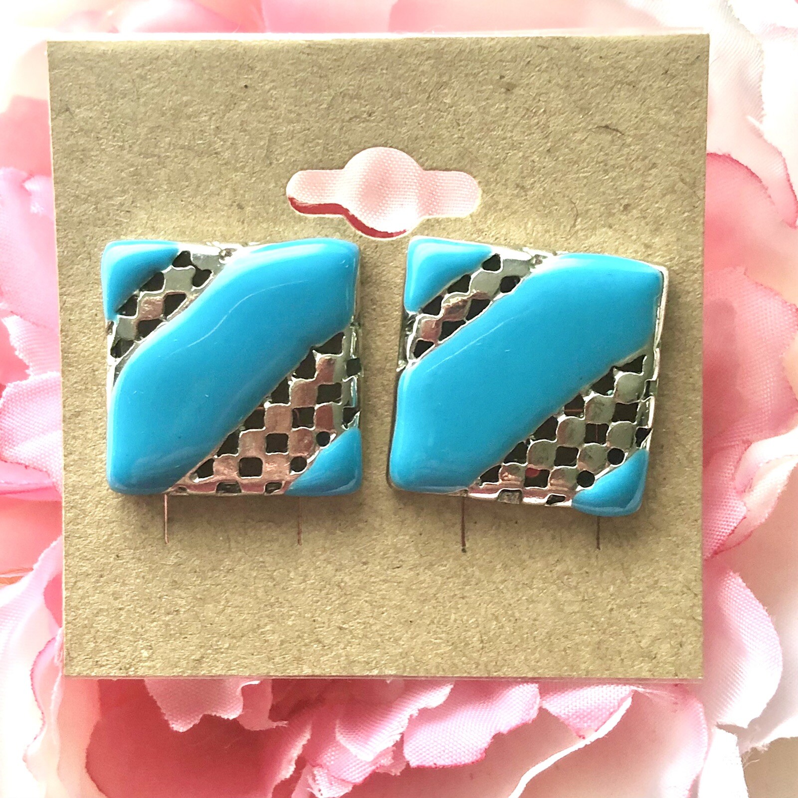 Teal Enamel Square Stud Earrings 60s 80s Punk Style Geometric Jewelry Jewelry