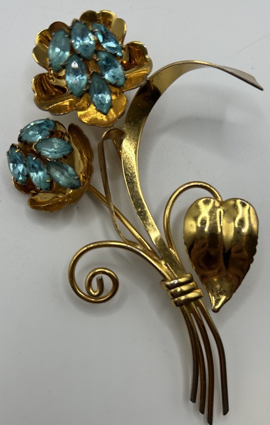 Huge Vintage Gold Tone Coro Brooch Aqua Blue Marked Sterling 1940’s