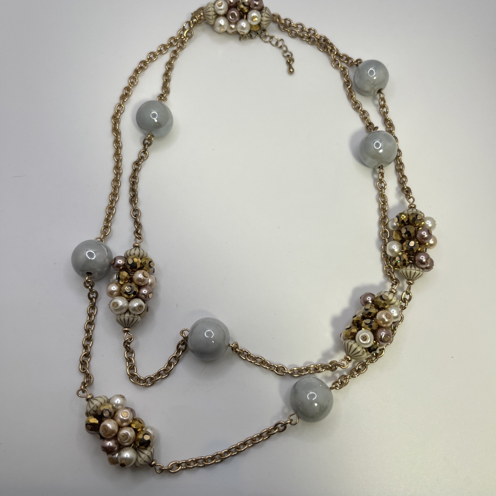Vintage Glass Bead Puff Long Necklace Ivory Champagne Rose And Gold Tones 37-44”