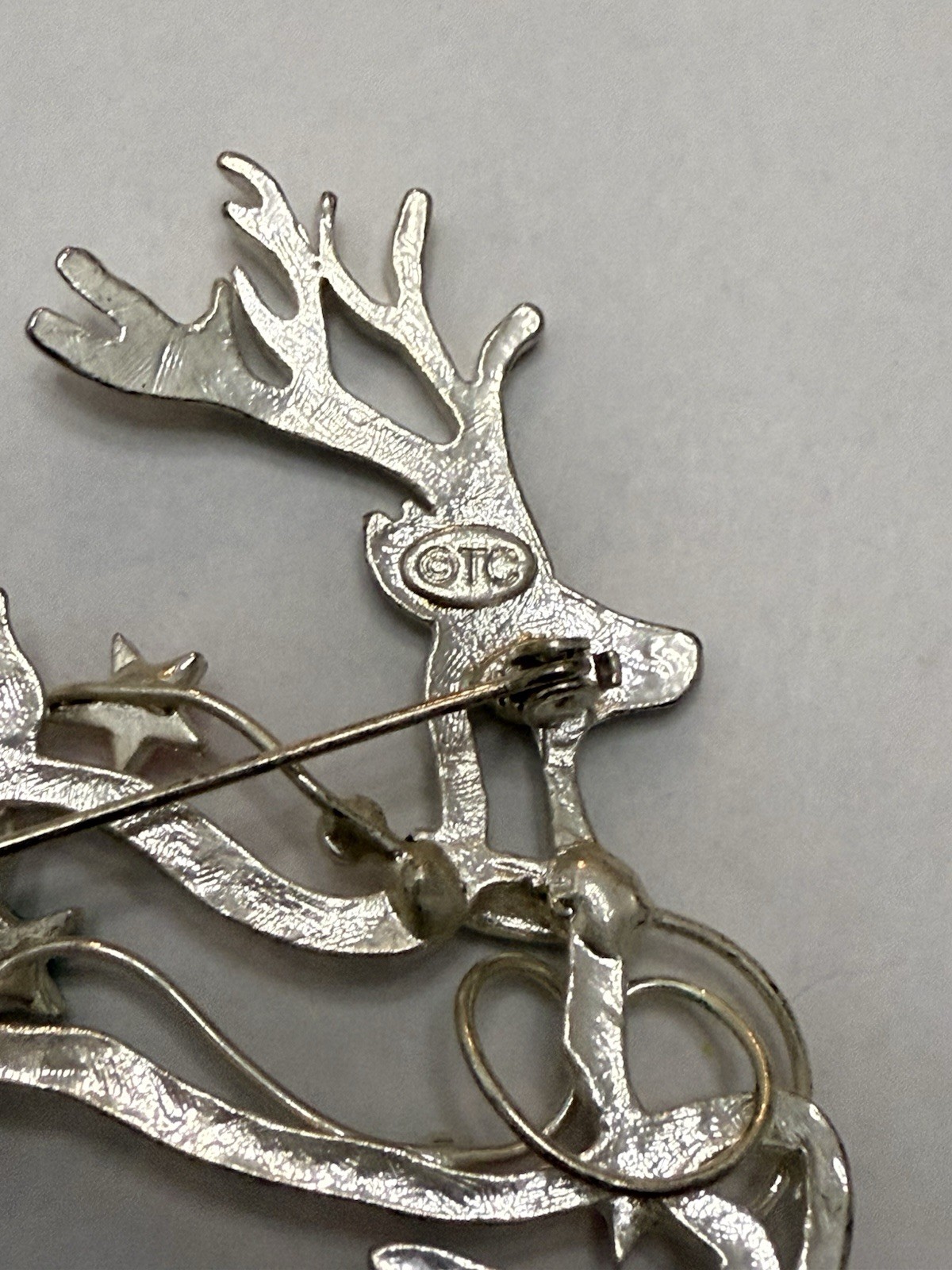 Silver Tone Reindeer Brooch Pin Accented with Aurora Borealis Rhinestones 2.5