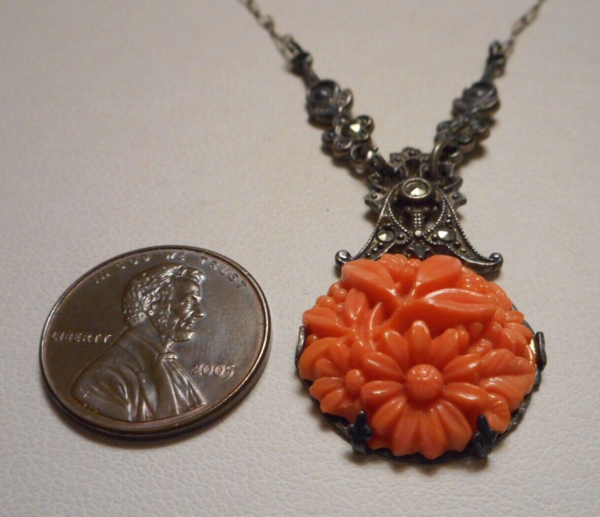 1920s Art Deco Czech? Faux Carved Coral Glass & Marcasite Pendant Necklace 16″