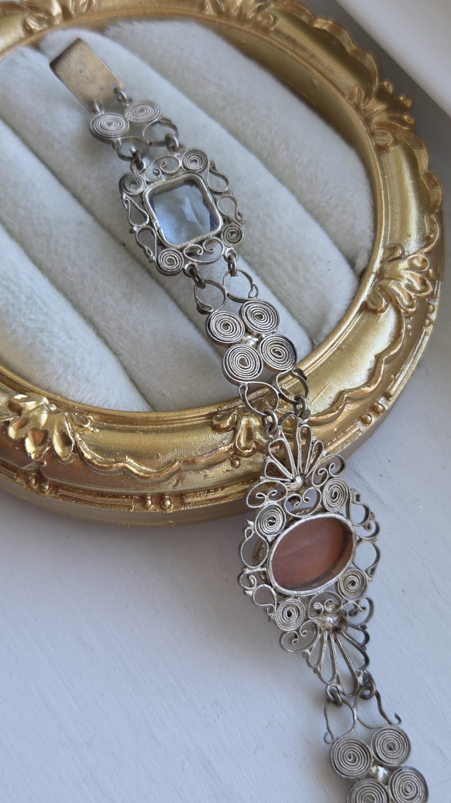 Vintage Art Deco Cannetille Filigree Cameo & Topaz Bracelet 7″