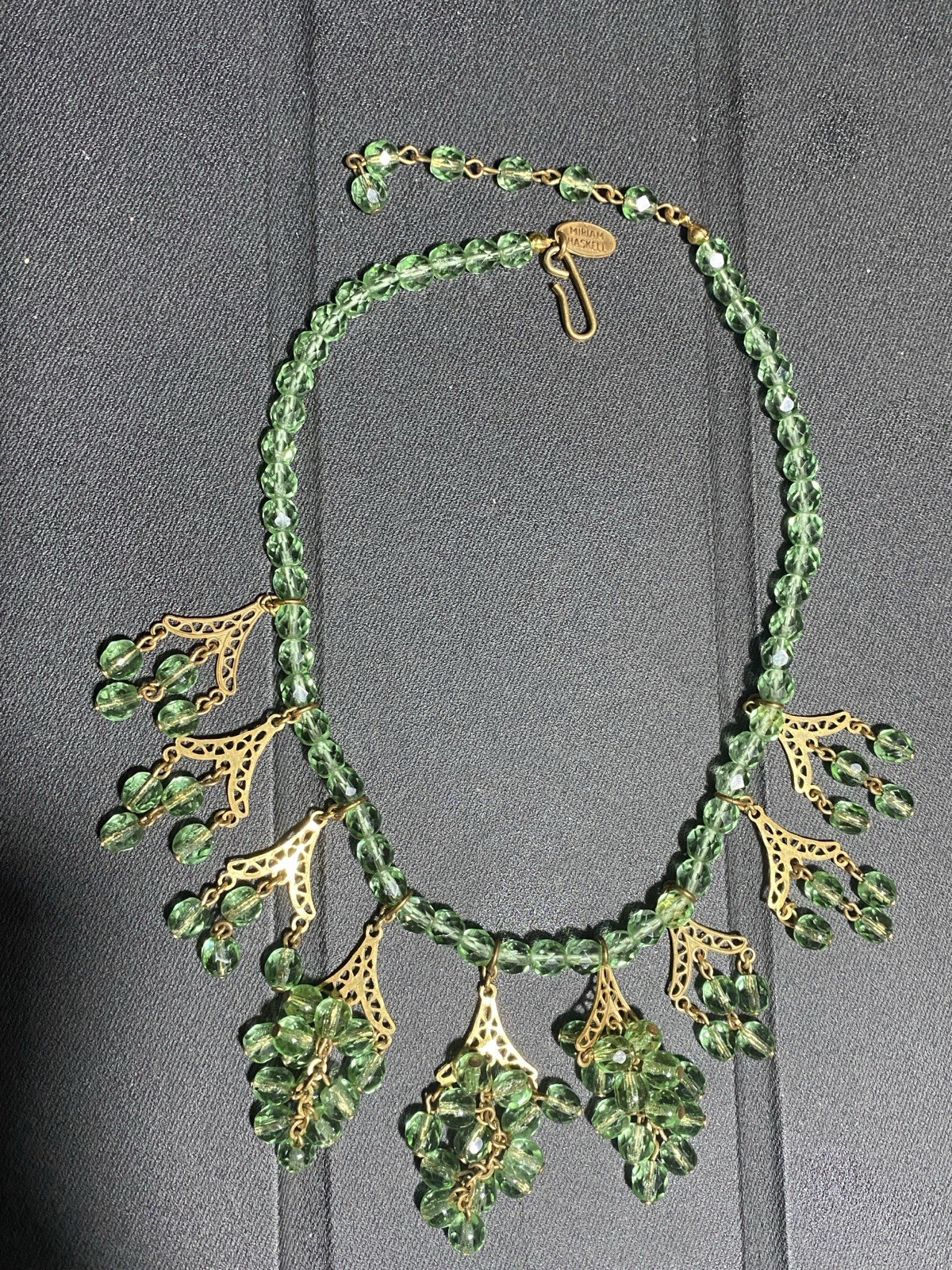 Vintage MIRIAM HASKELL Green Faceted Bead Fringe Adjustable Necklace