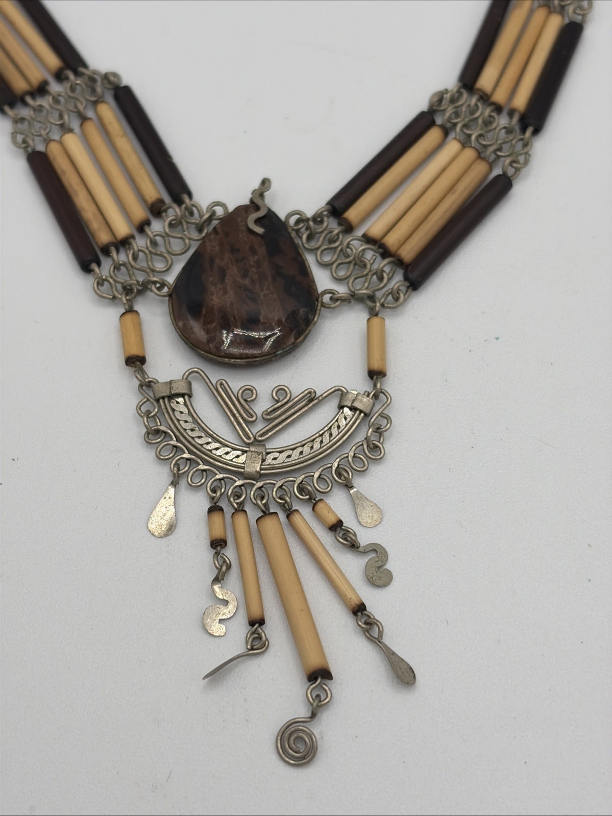 Vintage Handmade Choker necklace bamboo beaded black brown stone Snake Bail