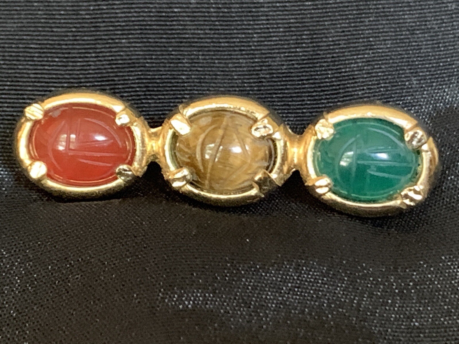 Vintage Multi-Gemstone Carved Scarab Brooch Pin Bar Carnelian Tiger’s Eye & Jade