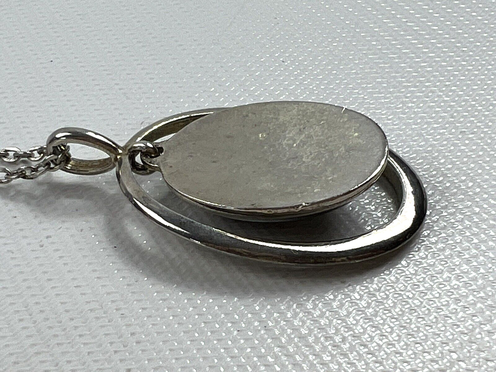 Vintage Silver Toned Metal Necklace and Oval Pendant w/ Dangling Gray Stone 12″