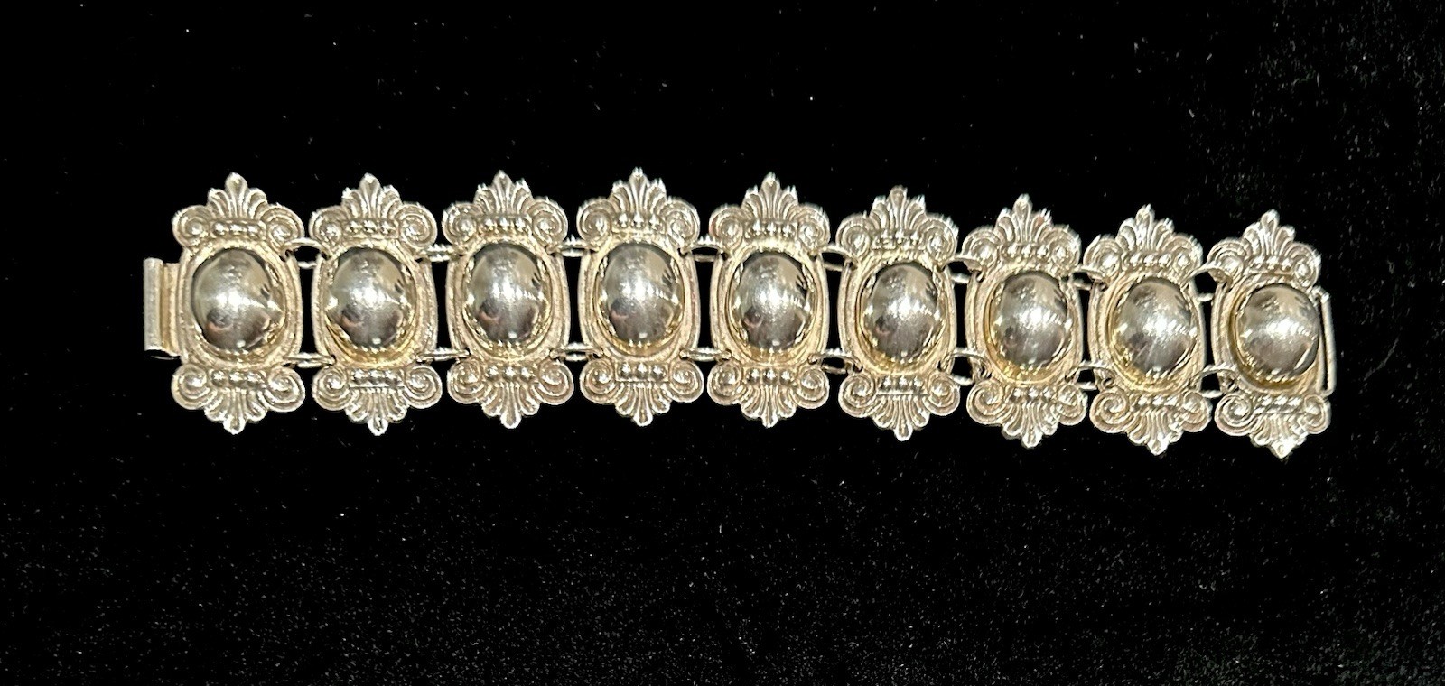 Vintage 1930’s S Signed Sterling Wide Cabochon Panel Braclet w/ Hallmark “AC”