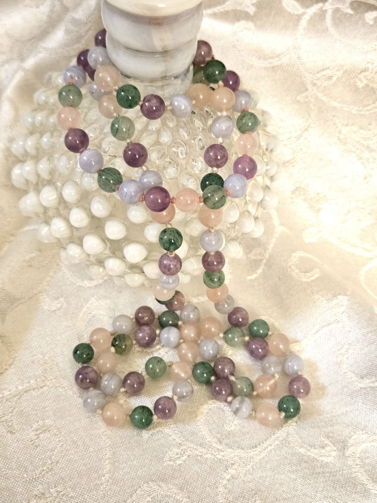 Vtg Multi Color Pastel Round Beaded Necklace Bracelet Set Jade Agate Quartz