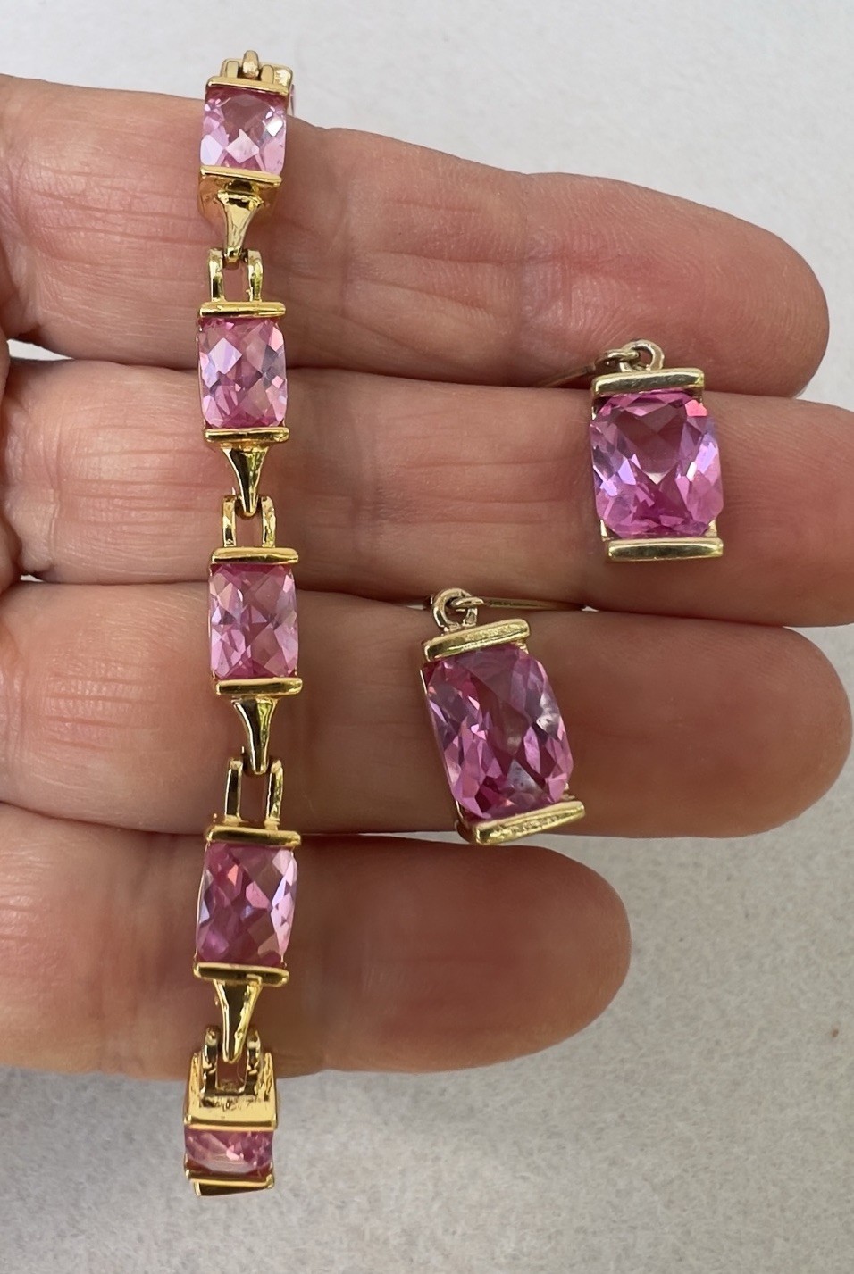 Vintage Sterling Silver Vermeil & Cushion Cut Pink Quartz 7” Bracelet & Earrings