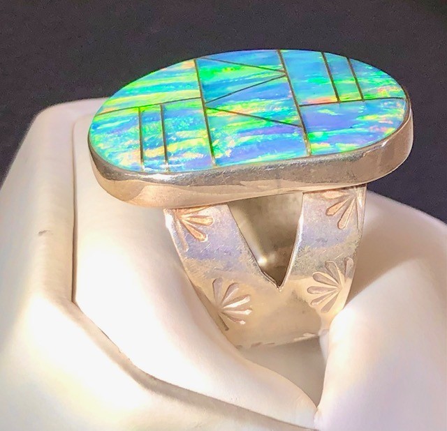 FaBuLoUs Ice blue lavender fire Opal Ring 8 Sterling Large Vintage Native Art
