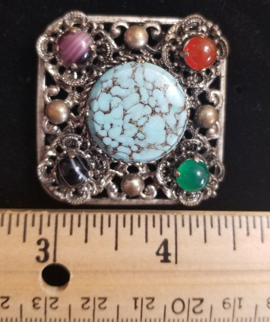 Vintage Brooch and/or Pendant, Silver Tone w Multicolor Faux Stones Gold toned