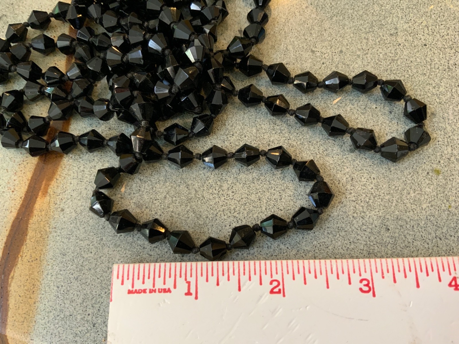 Beaded Flapper Czech glass Oil Slick black hand Knot Rivoli Opera necklace 64in