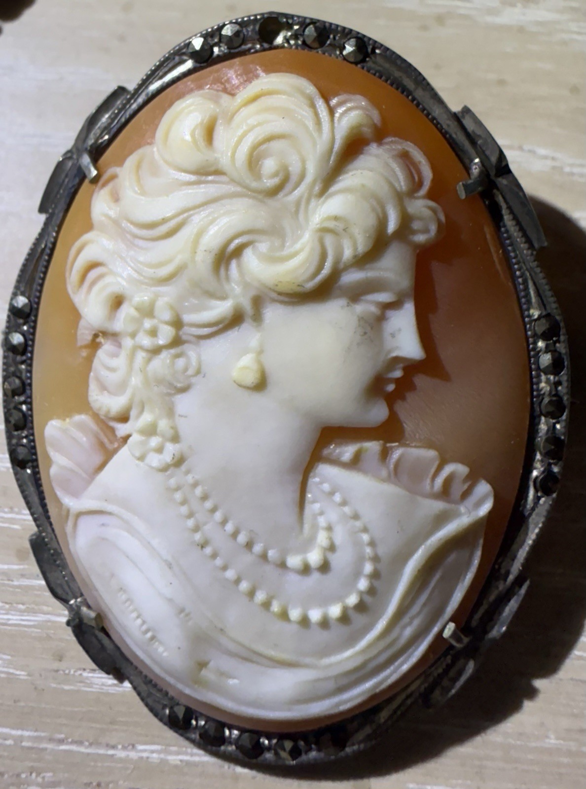 Antique Victorian Oval Shell Cameo Brooch Pendant, 800 Silver Frame, Brown/White