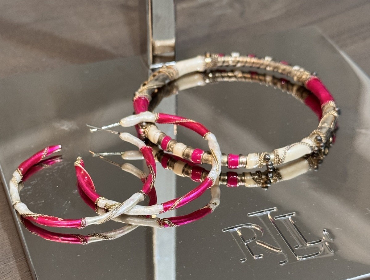 Vintage Pink Gold Ivory Ornate Enamel Bangle Bracelet And Earring Set Stunning
