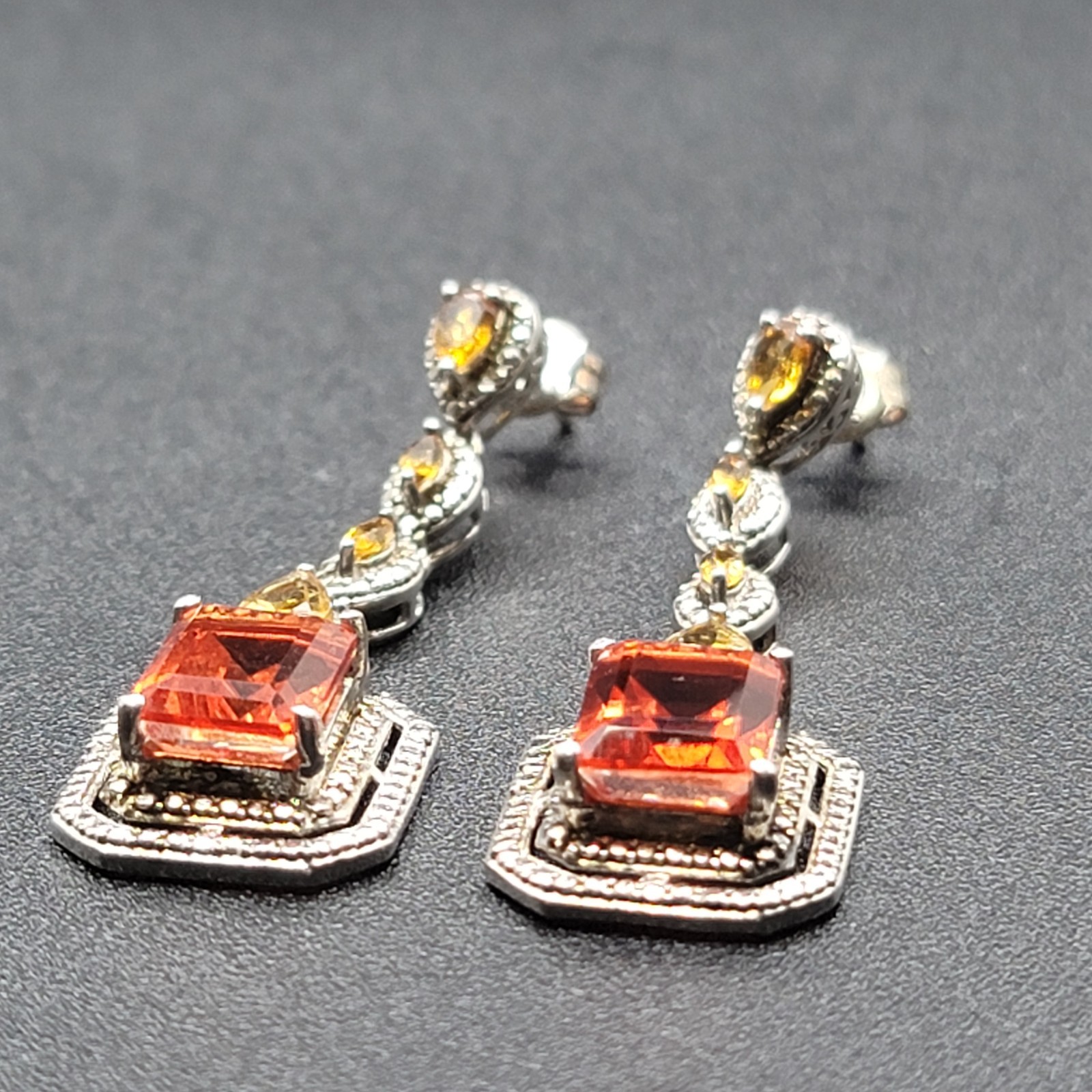 Vtg 925 STS Sterling Silver/Citrine Art Deco Pierced Post 2″Dangle Drop Earrings