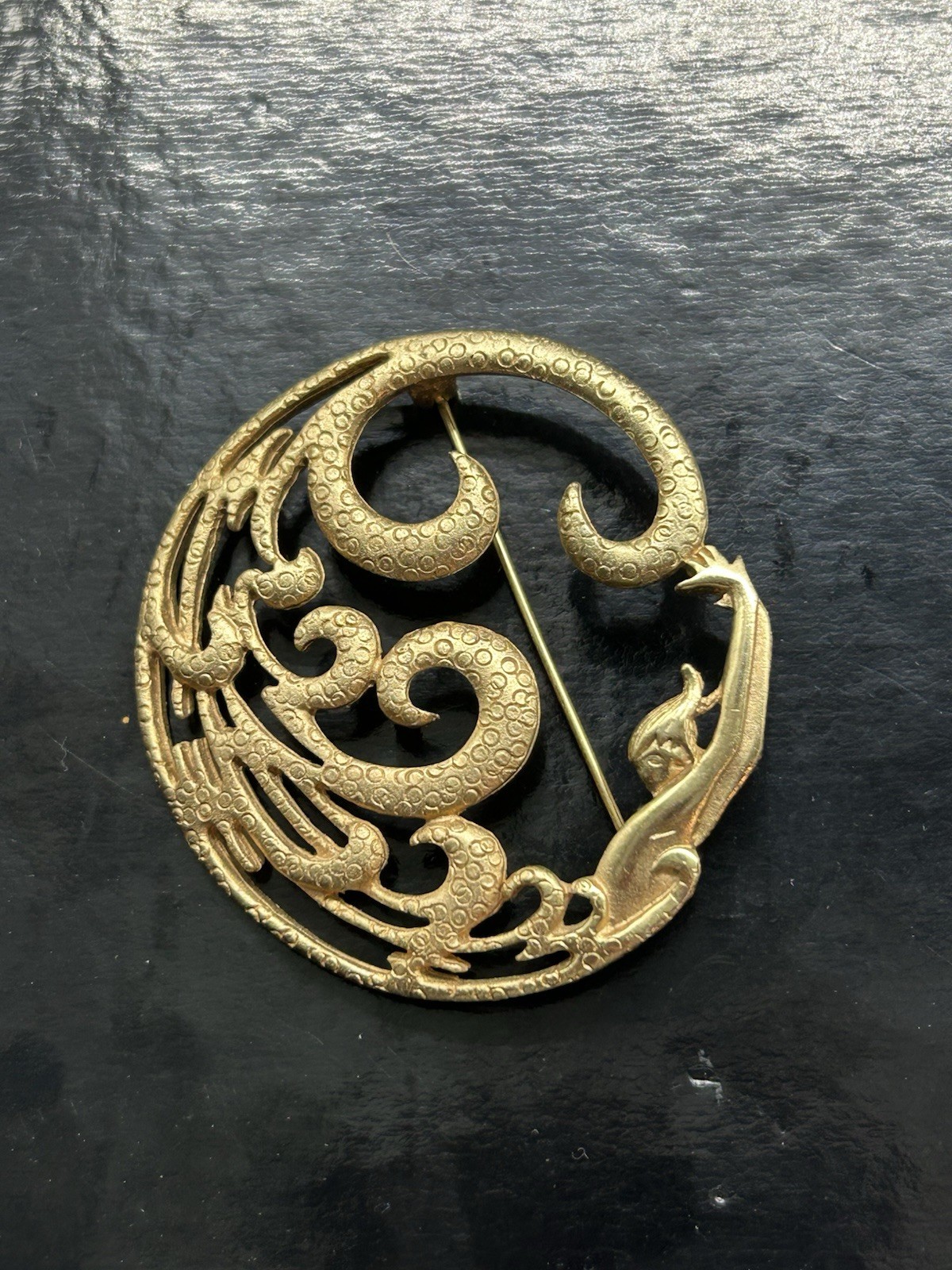 Vintage Mermaid & Ocean Wave Brooch Pin Goldtone Art Nouveau Style Unsigned