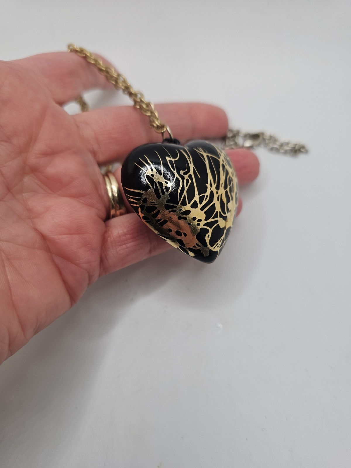 Vintage 80s Punk Black & Metallic Gold Puff Heart Necklace