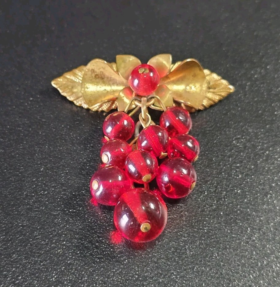 Antique Art Deco Brass Czech Glass Brooch