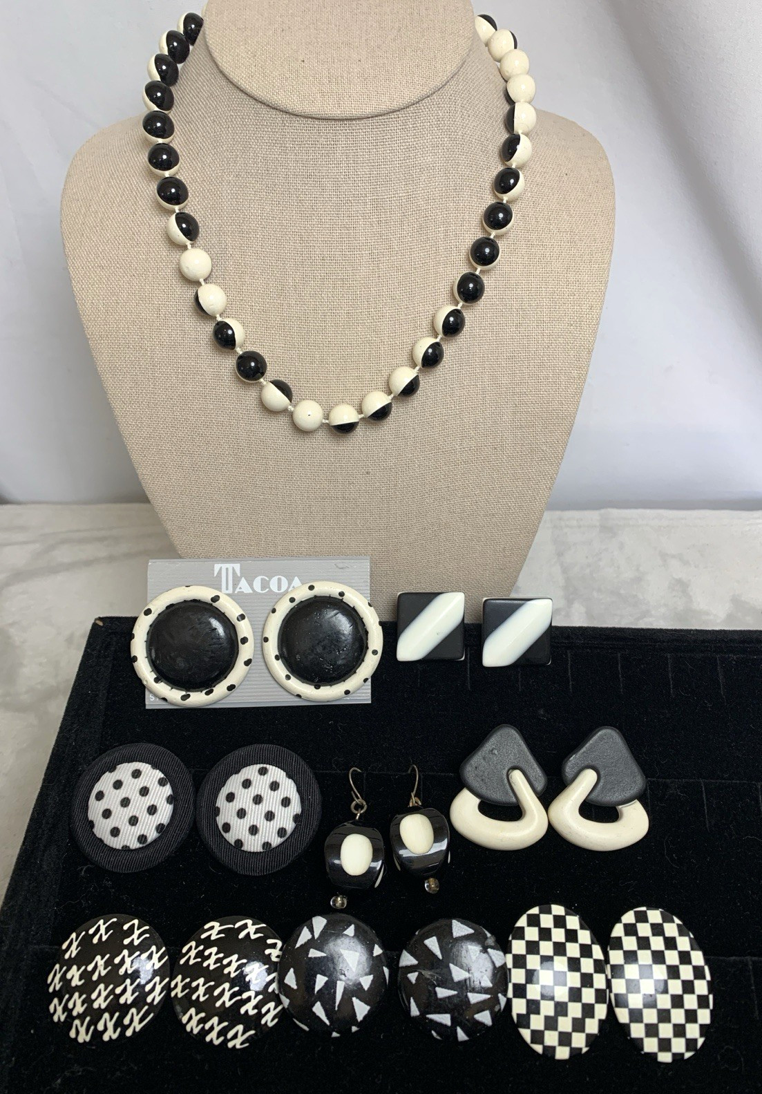 Vintage MOD Monochrome Jewelry Lot Black White Earrings Signed Tacoa & Necklace
