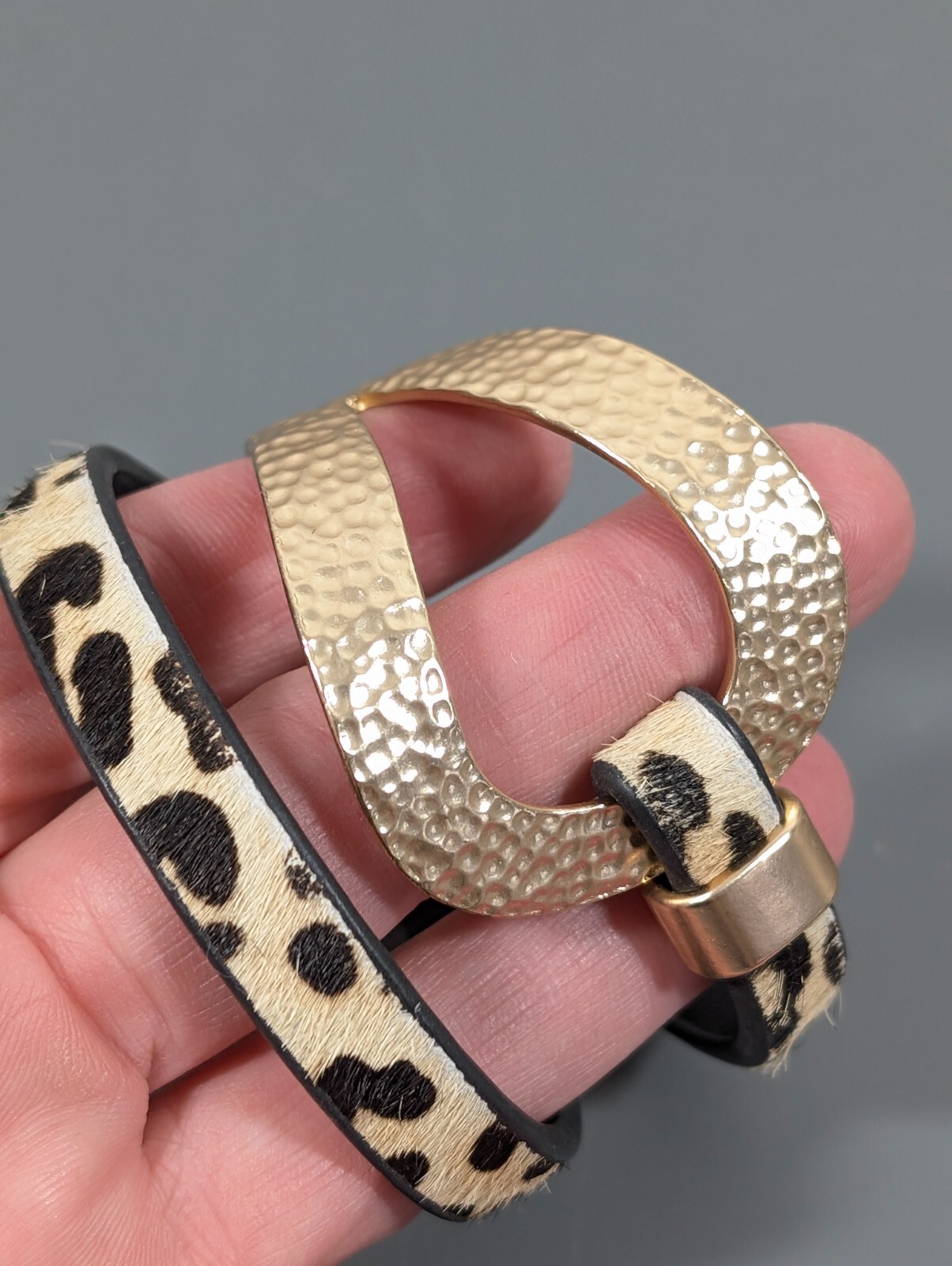Cheetah Animal Print Faux Fur Gold Tone Hammered Wrap Bracelet 14 inch Boho