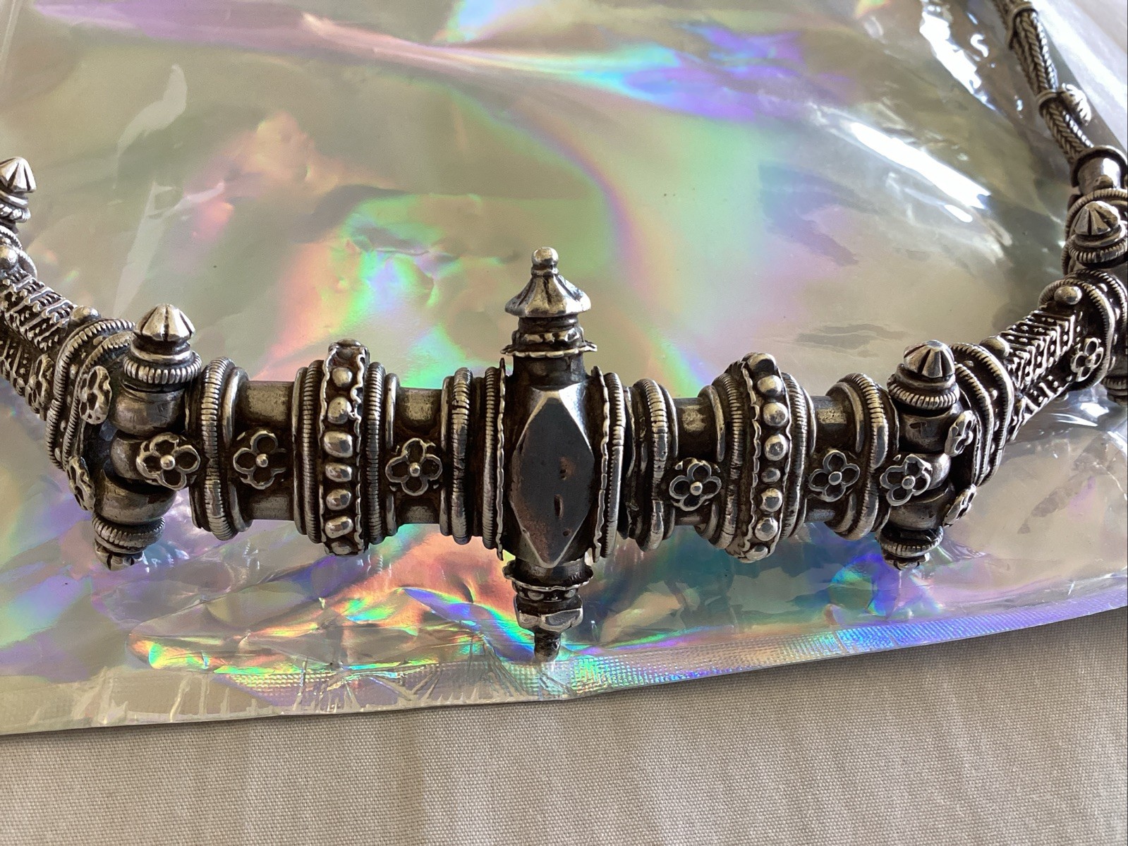 Vintage Heavy Silver Detailed Asian Indian Necklace Toggle Closure 186 Grams